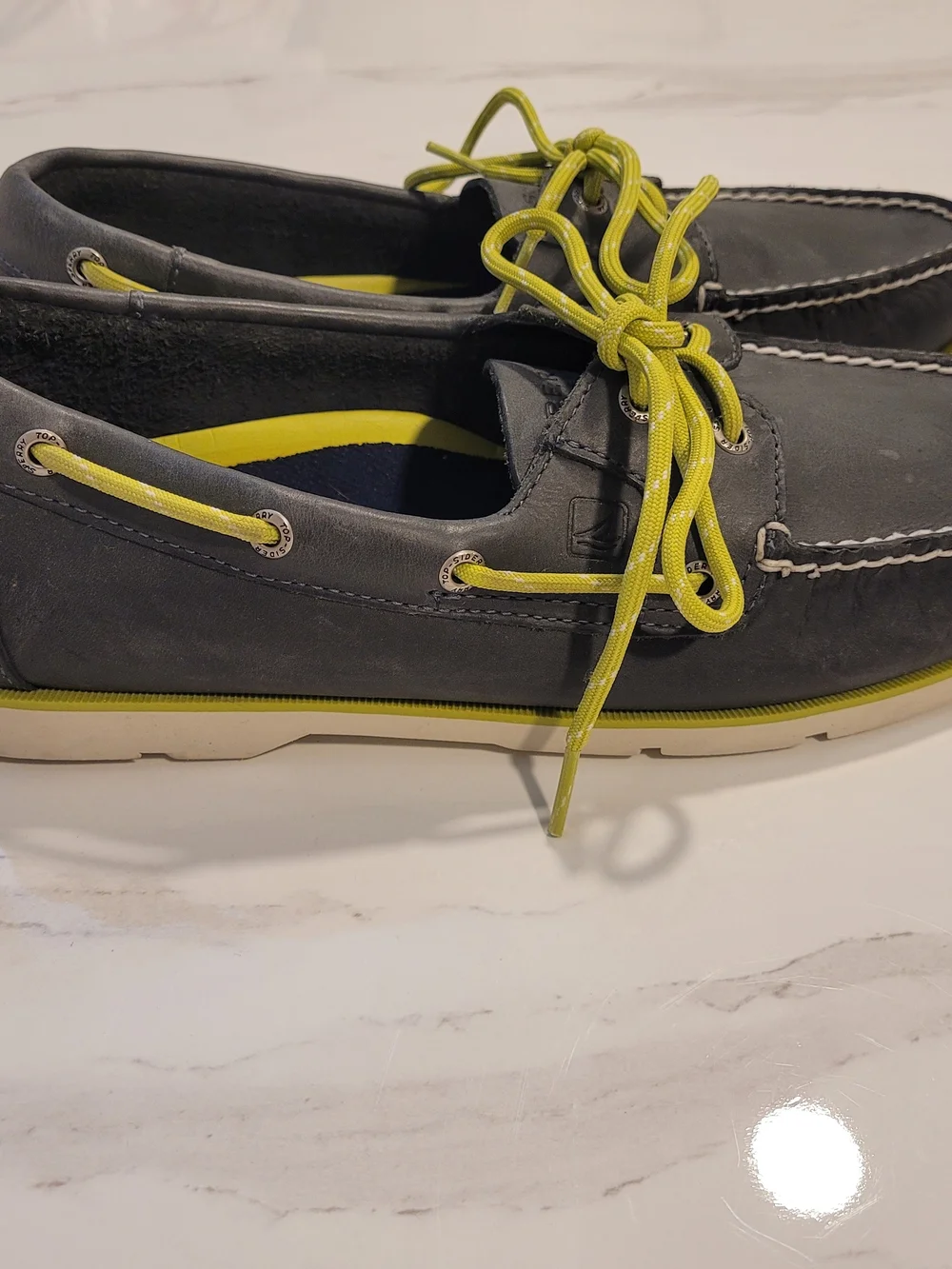 Sperry Gray Boat Shoes with Neon Lime Green Trim